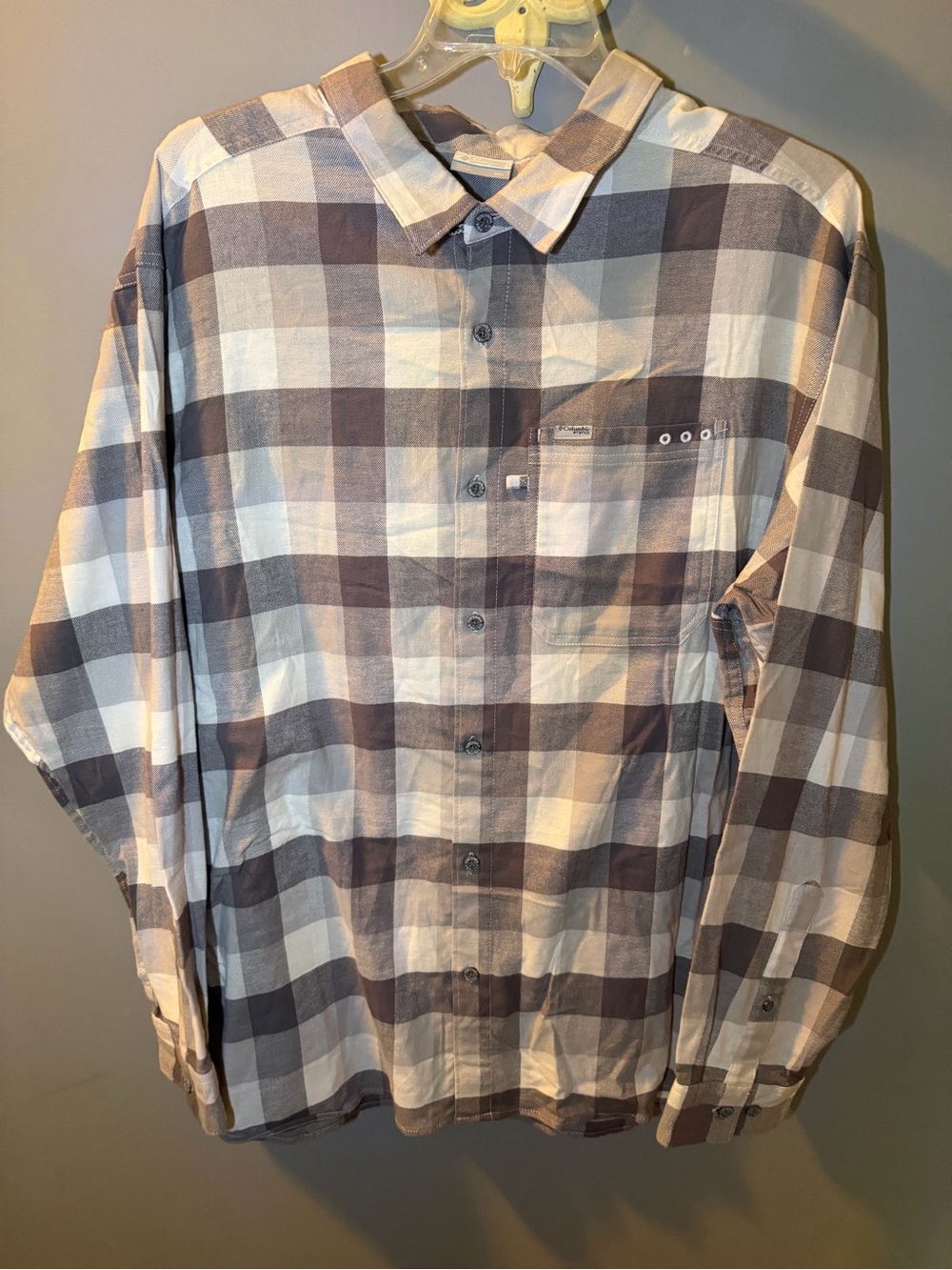 Columbia PFG Men's Plaid Button-Down Shirt in Brown and White